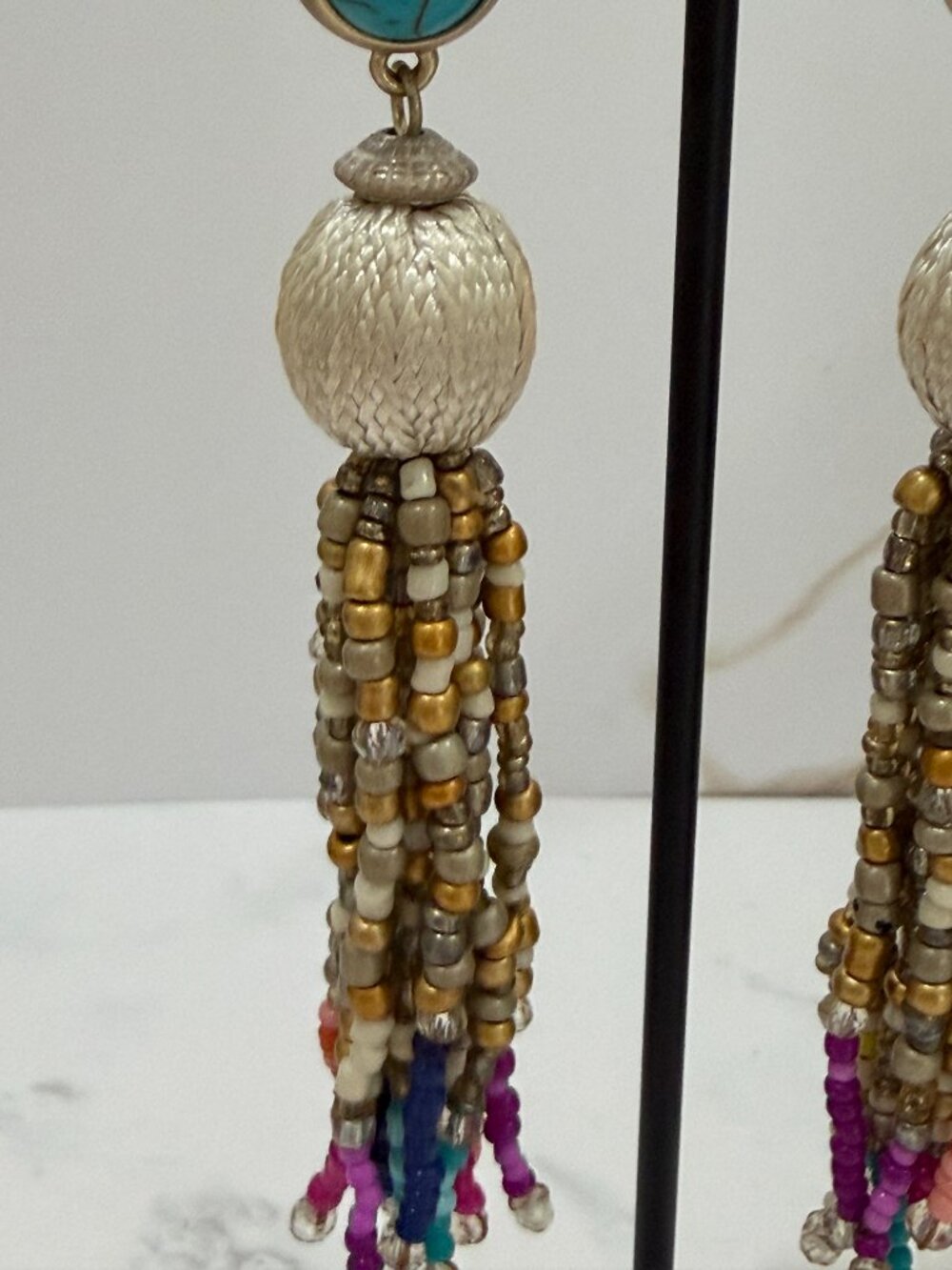 Chico’s Turquoise Cabochon Pearl Bead Multi Strand Tassel Drop Earrings - Picture 5 of 7